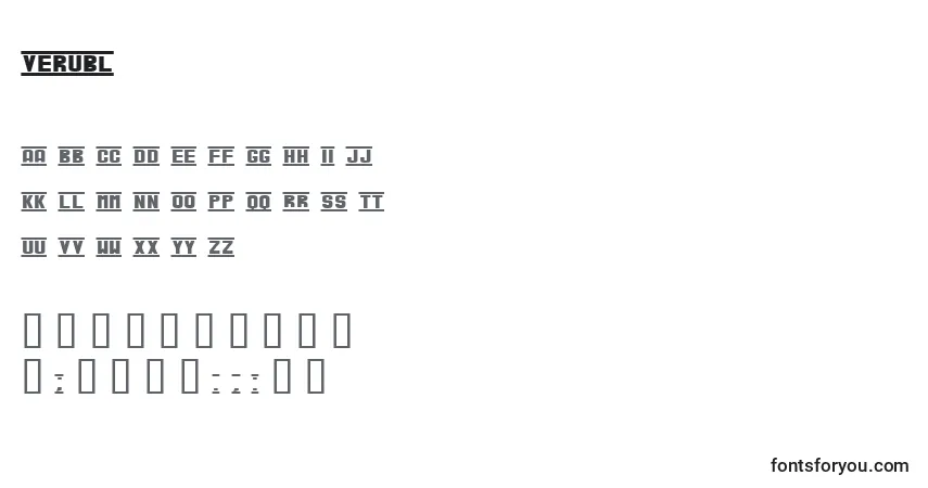 Czcionka Verubl – alfabet, cyfry, specjalne znaki