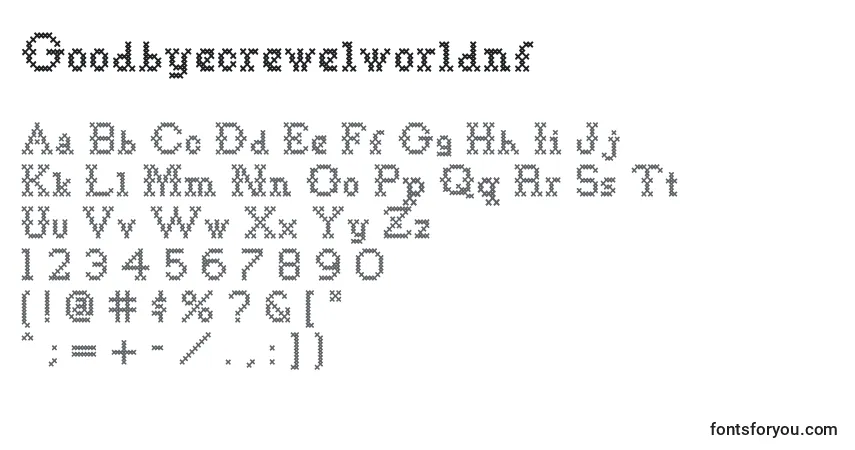 characters of goodbyecrewelworldnf font, letter of goodbyecrewelworldnf font, alphabet of  goodbyecrewelworldnf font