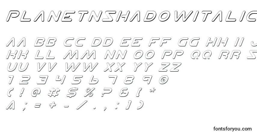 A fonte PlanetNShadowItalic – alfabeto, números, caracteres especiais