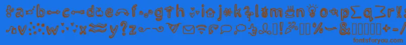 フォントLettertypemiescrazyiconsRegular – 茶色の文字が青い背景にあります。