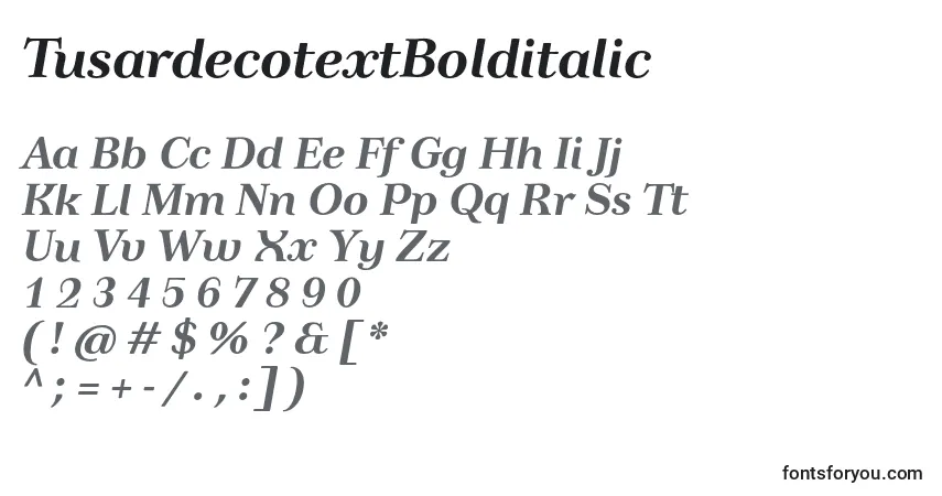 A fonte TusardecotextBolditalic – alfabeto, números, caracteres especiais