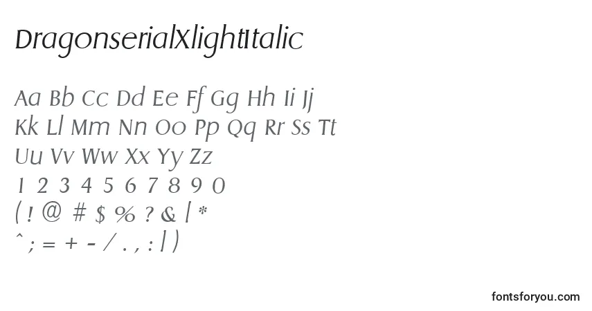 Шрифт DragonserialXlightItalic – алфавит, цифры, специальные символы