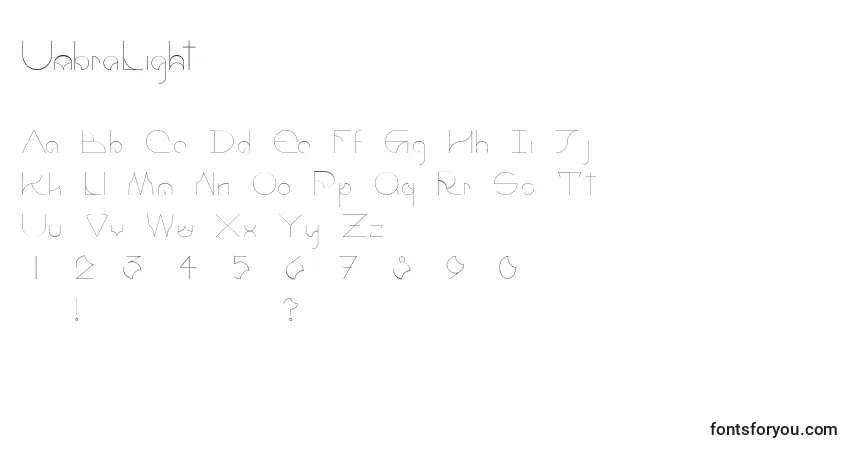 Czcionka UmbraLight – alfabet, cyfry, specjalne znaki