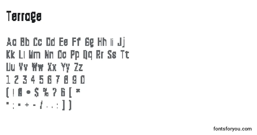 Czcionka Terrage – alfabet, cyfry, specjalne znaki