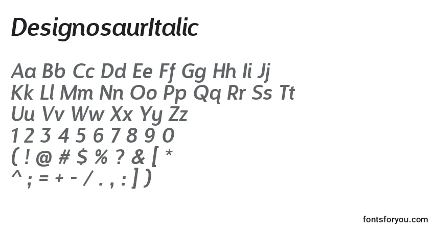 Czcionka DesignosaurItalic – alfabet, cyfry, specjalne znaki