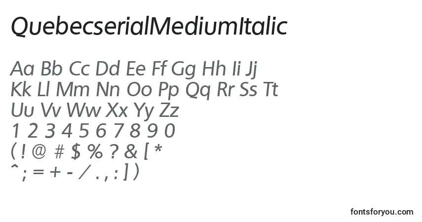 A fonte QuebecserialMediumItalic – alfabeto, números, caracteres especiais