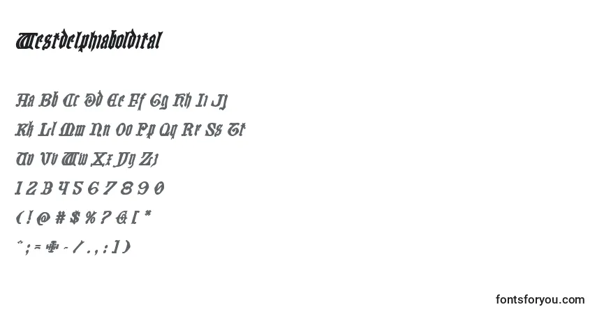 Шрифт Westdelphiaboldital – алфавит, цифры, специальные символы