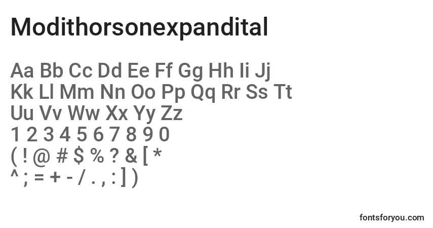 A fonte Modithorsonexpandital – alfabeto, números, caracteres especiais