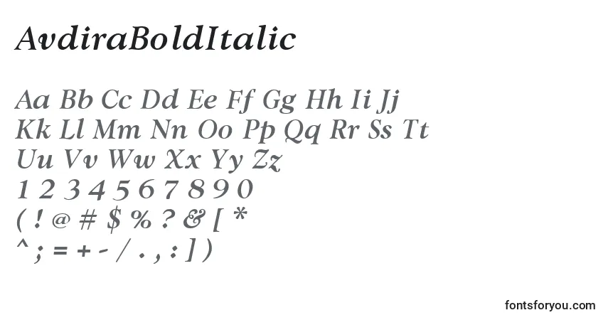 Czcionka AvdiraBoldItalic – alfabet, cyfry, specjalne znaki
