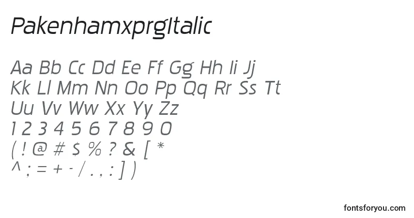 Czcionka PakenhamxprgItalic – alfabet, cyfry, specjalne znaki