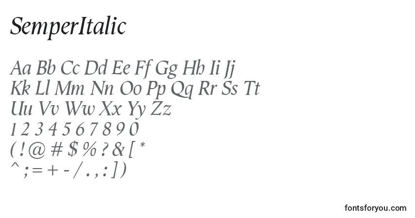 Schriftart SemperItalic – Alphabet, Zahlen, spezielle Symbole