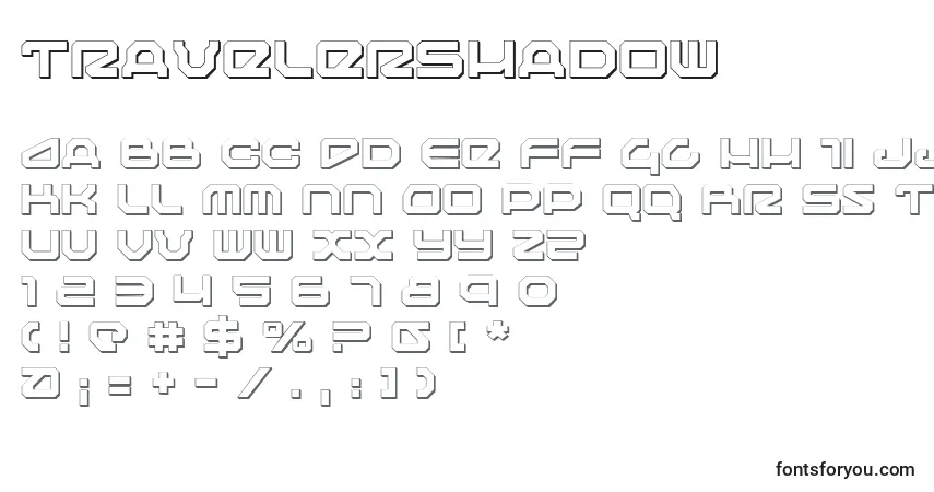 Czcionka TravelerShadow – alfabet, cyfry, specjalne znaki