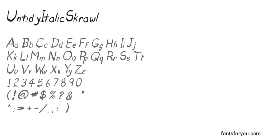 Шрифт UntidyItalicSkrawl – алфавит, цифры, специальные символы