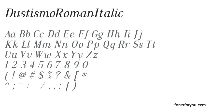 Czcionka DustismoRomanItalic – alfabet, cyfry, specjalne znaki
