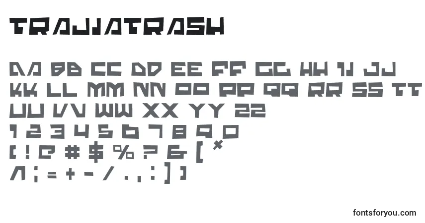 Czcionka TrajiaTrash – alfabet, cyfry, specjalne znaki