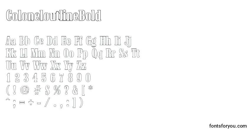 A fonte ColoneloutlineBold – alfabeto, números, caracteres especiais