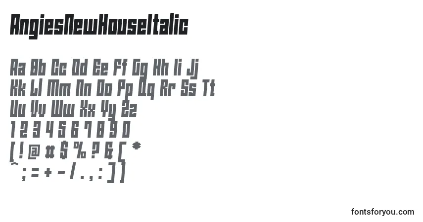 Schriftart AngiesNewHouseItalic – Alphabet, Zahlen, spezielle Symbole