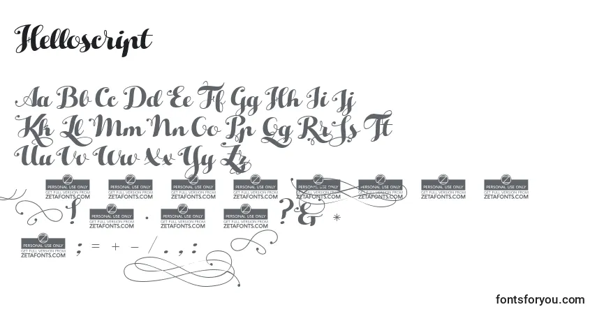 Schriftart Helloscript – Alphabet, Zahlen, spezielle Symbole