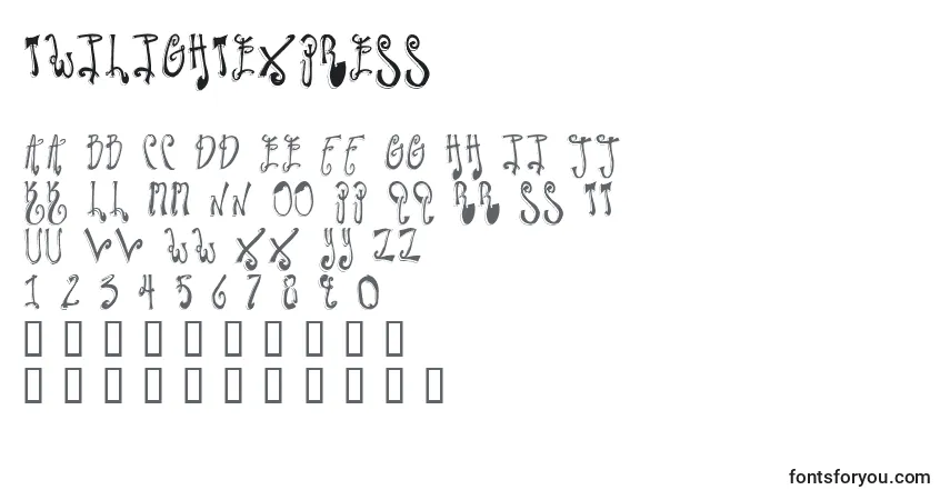 Czcionka TwilightExpress – alfabet, cyfry, specjalne znaki