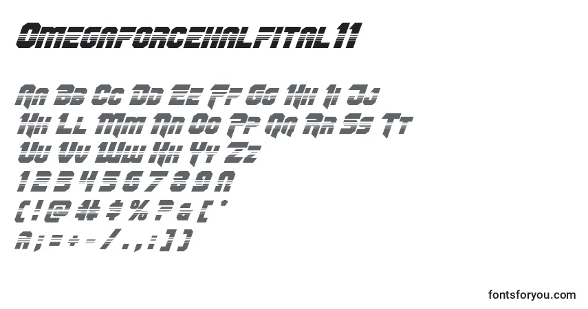 Шрифт Omegaforcehalfital11 – алфавит, цифры, специальные символы