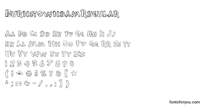 Schriftart BurnstowndamRegular – Alphabet, Zahlen, spezielle Symbole