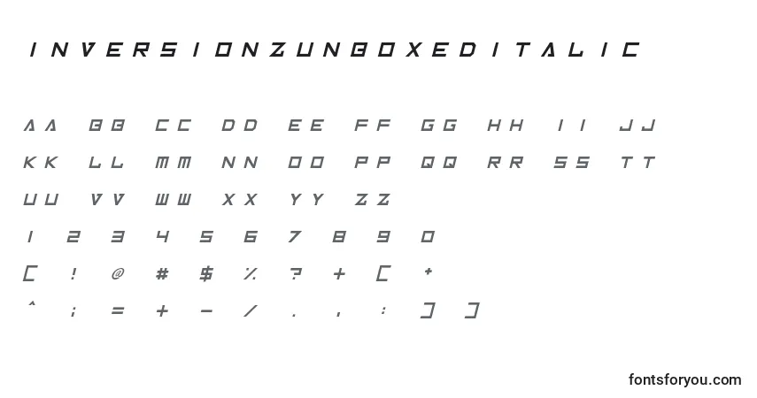 Шрифт InversionzUnboxedItalic – алфавит, цифры, специальные символы