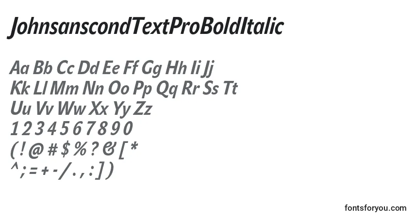 Czcionka JohnsanscondTextProBoldItalic – alfabet, cyfry, specjalne znaki