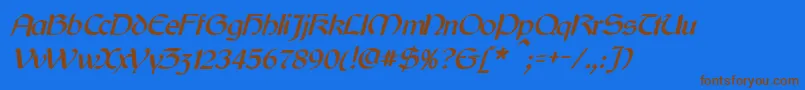 フォントCyrodiilItalic – 茶色の文字が青い背景にあります。