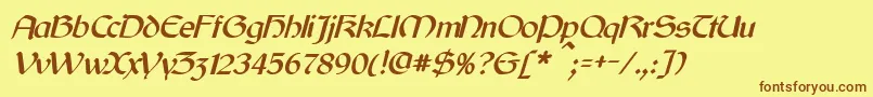 フォントCyrodiilItalic – 茶色の文字が黄色の背景にあります。