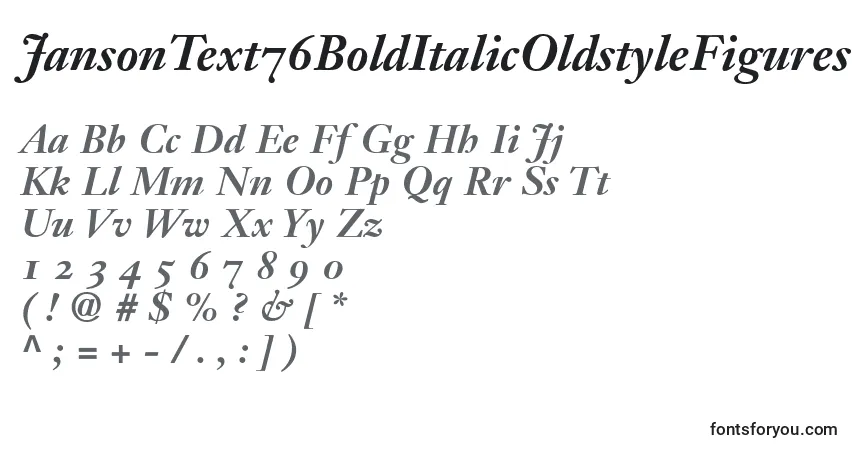 A fonte JansonText76BoldItalicOldstyleFigures – alfabeto, números, caracteres especiais