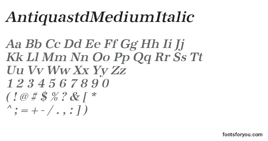 A fonte AntiquastdMediumItalic – alfabeto, números, caracteres especiais
