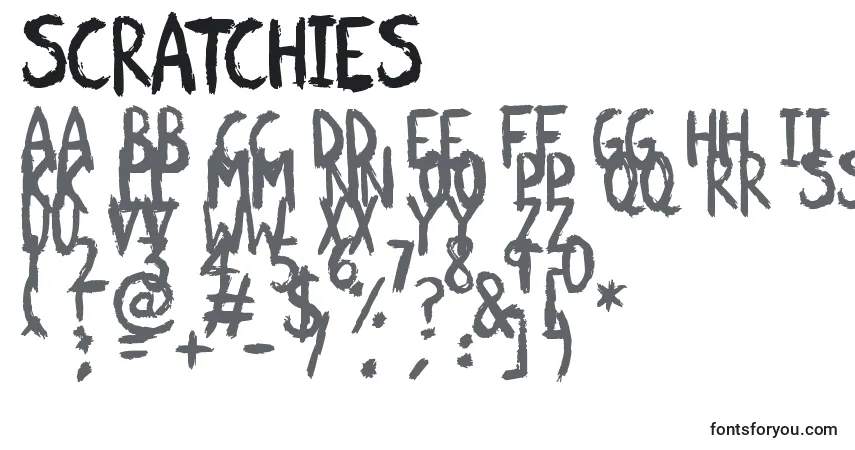 A fonte Scratchies – alfabeto, números, caracteres especiais