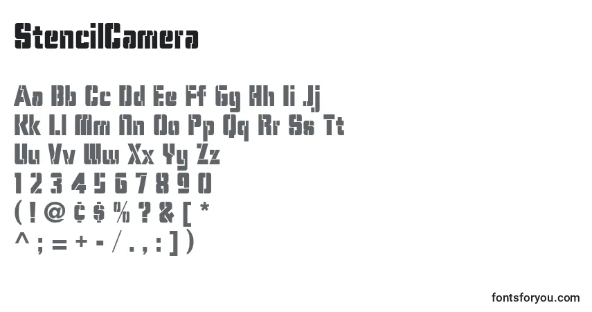 Czcionka StencilCamera – alfabet, cyfry, specjalne znaki