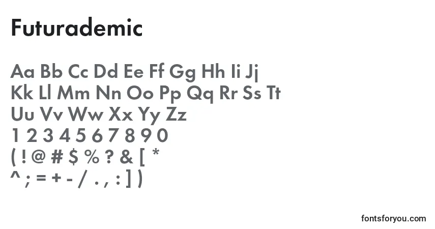 A fonte Futurademic – alfabeto, números, caracteres especiais