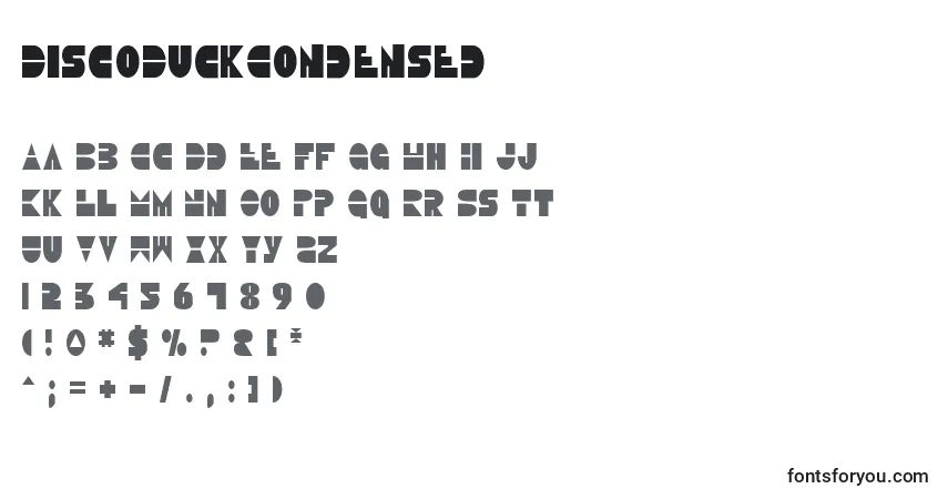 A fonte DiscoDuckCondensed – alfabeto, números, caracteres especiais