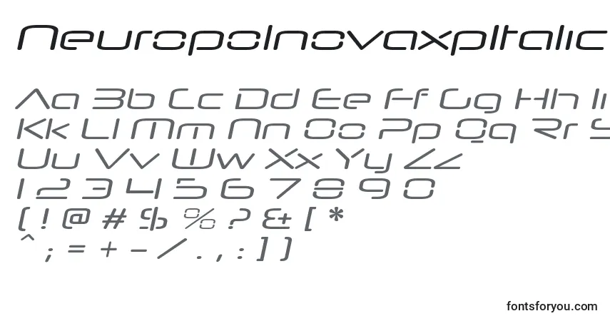 Czcionka NeuropolnovaxpItalic – alfabet, cyfry, specjalne znaki