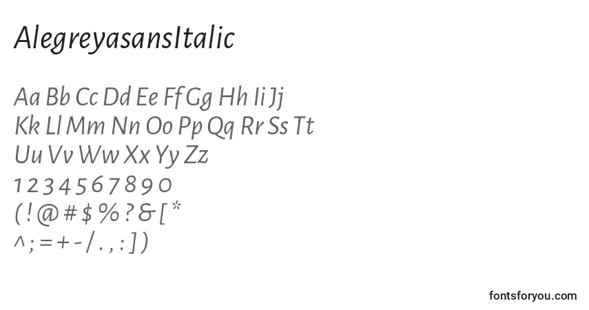 Schriftart AlegreyasansItalic – Alphabet, Zahlen, spezielle Symbole