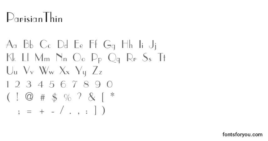 Czcionka ParisianThin – alfabet, cyfry, specjalne znaki