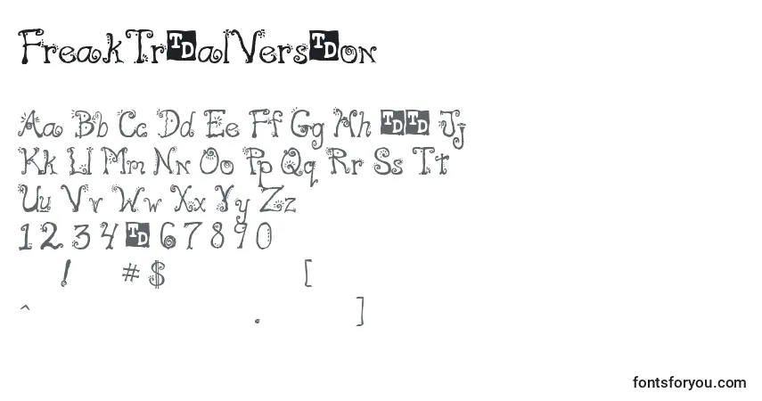 Czcionka FreakTrialVersion – alfabet, cyfry, specjalne znaki