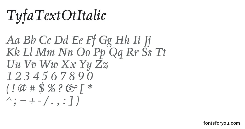 Czcionka TyfaTextOtItalic – alfabet, cyfry, specjalne znaki