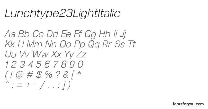 A fonte Lunchtype23LightItalic – alfabeto, números, caracteres especiais