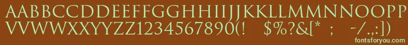 フォントRomulc – 緑色の文字が茶色の背景にあります。