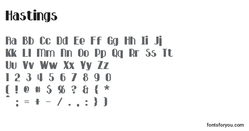 Czcionka Hastings – alfabet, cyfry, specjalne znaki
