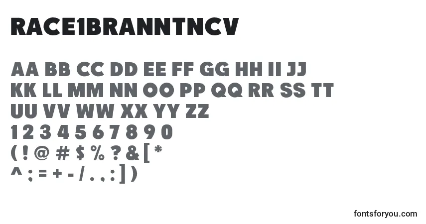 A fonte Race1BranntNcv (34324) – alfabeto, números, caracteres especiais