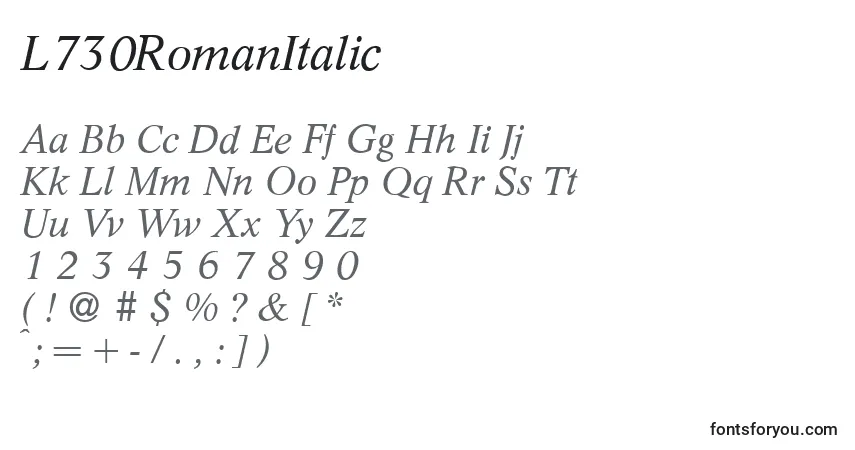 Czcionka L730RomanItalic – alfabet, cyfry, specjalne znaki