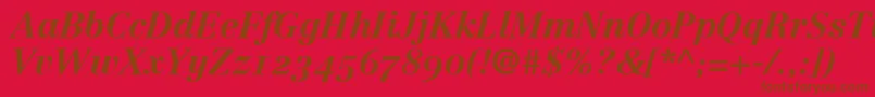 Czcionka LinotypeCentennial76BoldItalicOldstyleFigures – brązowe czcionki na czerwonym tle