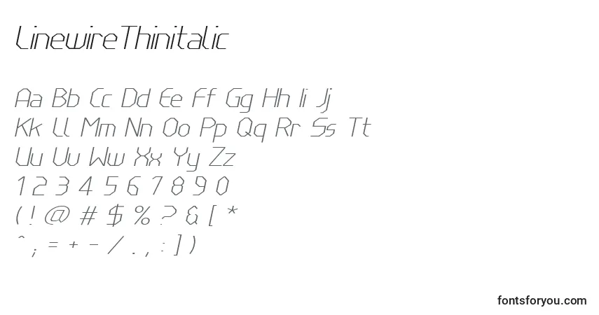 A fonte LinewireThinitalic – alfabeto, números, caracteres especiais