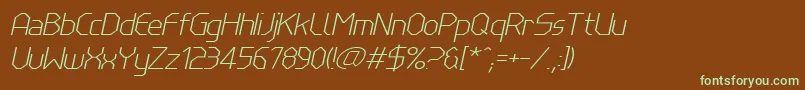 フォントLinewireThinitalic – 緑色の文字が茶色の背景にあります。