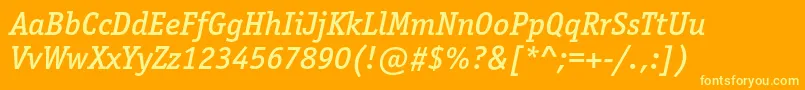 OfficinaserifmediumcItalic-fontti – keltaiset fontit oranssilla taustalla