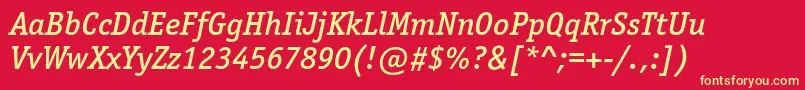 OfficinaserifmediumcItalic-fontti – keltaiset fontit punaisella taustalla